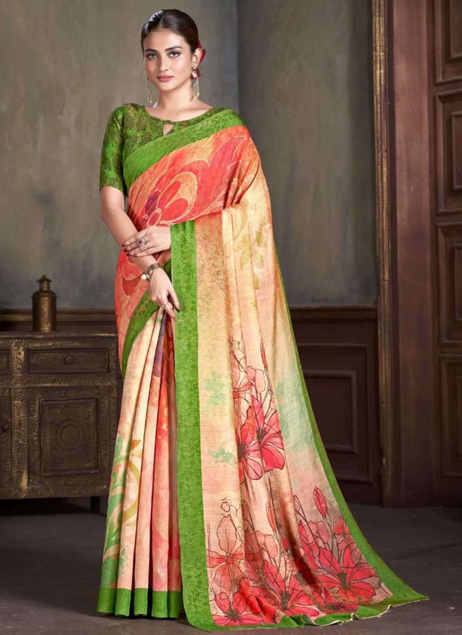 Natural Silk Green Casual Wear Printed Saree